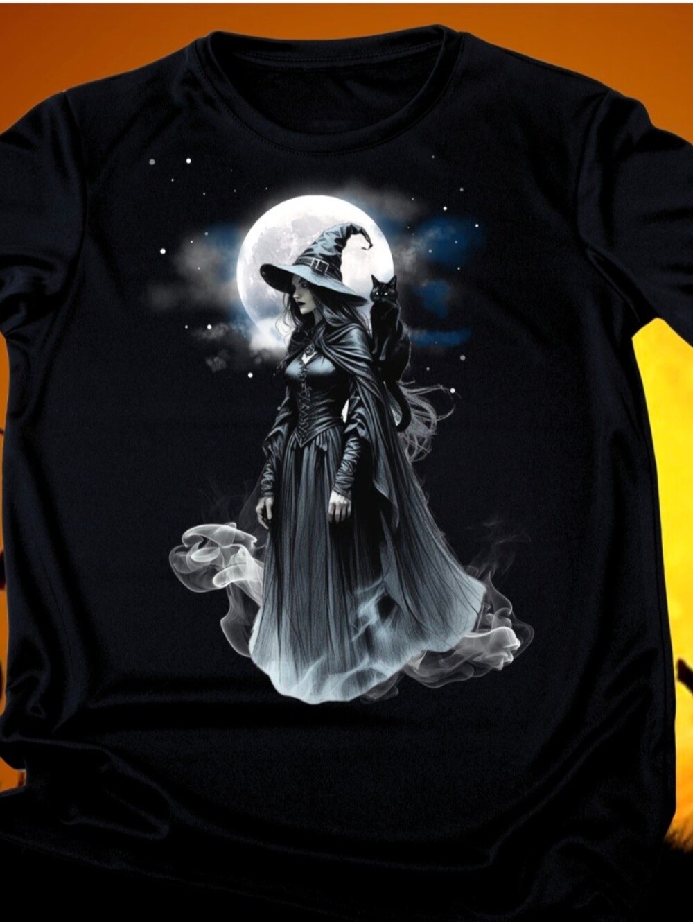Exclusive Gothic Witch Black Cat Tee Hand-Placed Crystals
